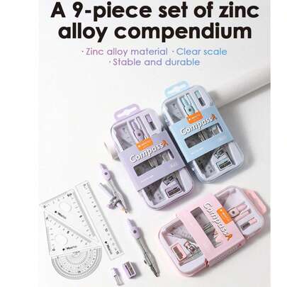 9 قطع/مجموعة أدوات رياضية متعددة الألوان للطلاب مع صندوق تخزين مقاوم للصدمات، تشمل مسطرة، منقلة، 2 بوصلة، قلم رصاص، مبراة قلم، هدية مثالية للعودة إلى المدرسة