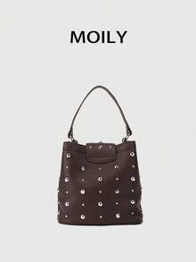 European And American Street Style Rivet Decor Bucket Shoulder Bag - Coffee - View 11