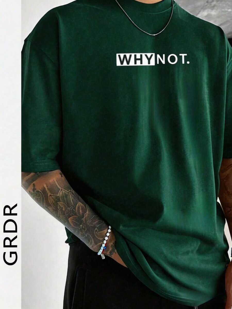 Áo thun nam tay ngắn cổ tròn in chữ và khẩu hiệu GRDR mùa hè, thoải mái và thời trang. - Màu xanh lá cây đậm - Xem 1