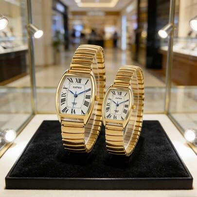 XAPWV Đồng hồ đôi co giãn thoải mái, đồng hồ đeo tay thời trang tối giản hình thùng, số La Mã, dành cho nam và nữ.