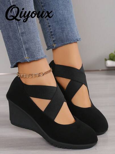 女式交叉系带一脚蹬松紧带坡跟厚底黑色鞋，防水，时尚圆头，百搭，防滑，加大码高跟鞋，低帮芭蕾平底鞋，复古风格