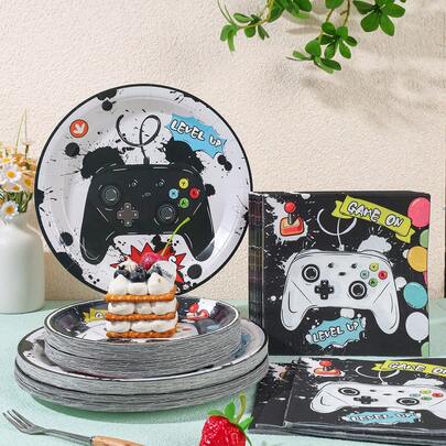 Bộ đồ dùng tiệc dùng một lần hình máy chơi game Graffiti, đĩa giấy dùng một lần 7/9 inch, khăn ăn, thích hợp cho các buổi họp mặt gia đình, tiệc tiết lộ giới tính, lễ hội, sinh nhật, đám cưới, tiệc độc thân, dã ngoại gia đình và các sự kiện khác.