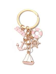 1个卡通帆船、救生圈、船舵、锚形合金钥匙扣，创意航海冒险时尚钥匙圈、包包挂饰、汽车钥匙链 - 彩色 - 查看 4