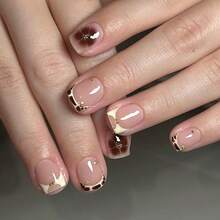 24片装短方形假指甲美甲套装，棕色法式小巧可爱合金亚克力按压式指甲凝胶美甲用品美甲套装（附赠：一片果冻胶和指甲锉），适合女性日常约会派对。 - 彩色 - 查看 7