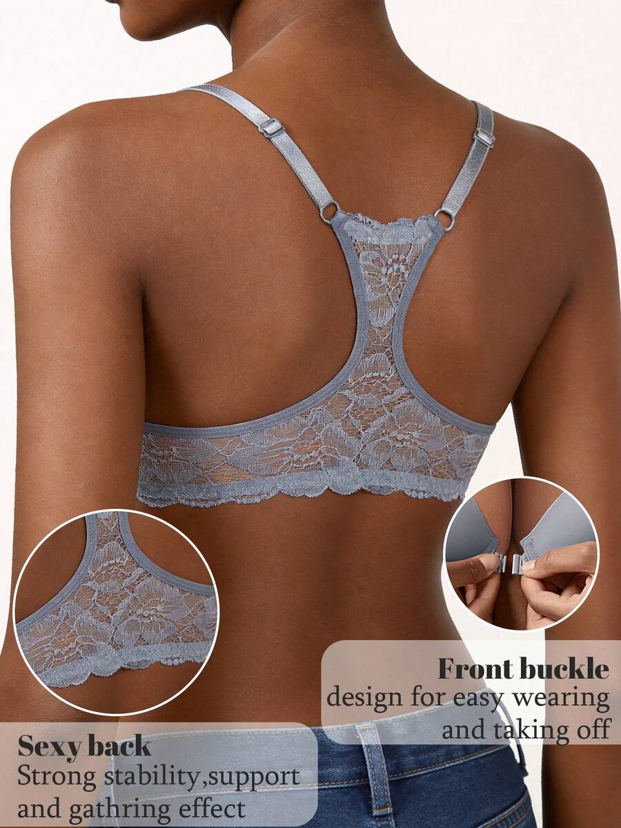 White Women's Lace Racerback Bra - Front Closure Design, Floral Lace Accent On Back, Comfortable Support & Easy-On Feature
