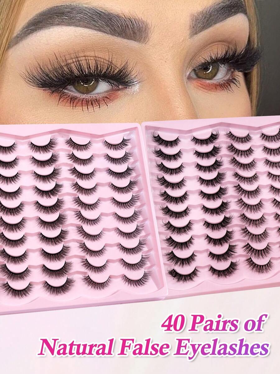 40 Pairs Mixed Style Natural Crossover False Eyelashes, Handmade Lengthened Thick Curly Eyelashes Artificial 3D Fuax Mink Eyelashes D Curvature Makeup Tools Hot Sellers For Daily Life,Gift For Women - 黑色 - 查看 1