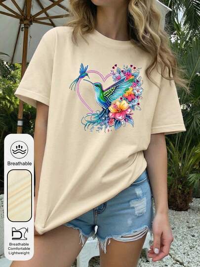 Áo thun nữ cỡ lớn tay ngắn cổ tròn in hình chim ruồi nhiều màu sắc tươi sáng, kiểu dáng thường ngày, thích hợp mặc mùa hè; Áo thun nữ màu mơ thời trang và đa năng in hình hoa trái tim.