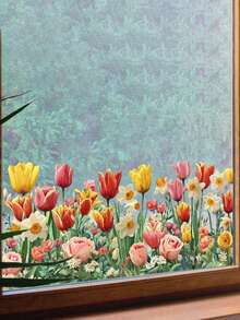 1pc Removable Spring Window Sticker With Realistic 3D Tulips, Daisies, Lavender And Sunflowers Asymmetrical Floral Pattern For Glass Doors, Mirrors, Showers - Easy To Peel And Stick Decor - B - View 4