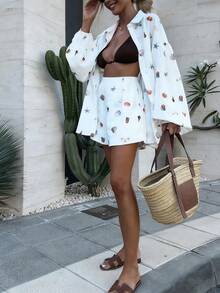 1 Set Shell Casual Front Button Pocket Women 2 Pieces Suit, Vacation & Daily Wear, Spring/Summer (The Belt Shown In The Image Is For Styling Purposes Only) - Multicolor - View 7