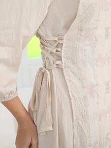 2026 New Style Festival Traditional Elegant Embroidered Floral Arabic Dress, Modest Abaya With 2 In 1 Design, 3/4 Sleeve, Fashionable And Graceful - Apricot - View 4