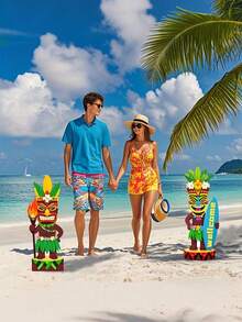 2件装 - 原始风格地板贴纸，夏威夷图腾柱，带支架的夏威夷图腾欢迎牌，波利尼西亚冲浪板风格 - 带有夏威夷舞者和棕榈树图案的立式欢迎牌，适用于海滩派对装饰、夏威夷主题装饰、主题派对、派对装饰、家居装饰、拍照道具 - A - 查看 3