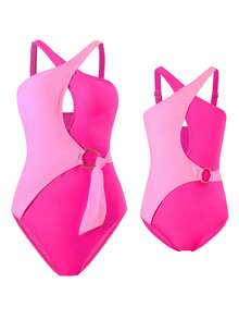 Family Matching Swimsuit Mommy And Me Matching Bathing Suit Summer Beachwear Contrast Color Cutout Criss Cross Halter Neck Sleeveless One Piece Beachwear - 玫紅色 - 查看 2