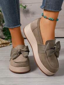 2026 Spring Autumn New Sweet Bow Wedge Loafers For Women Suede Slip-On Platform Wedge Pumps Daily Commute Date Shopping Casual Shoes - Khaki - View 2