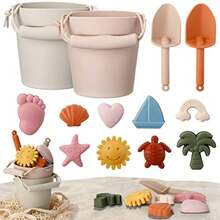 14 Pcs Silicone Beach Toys Travel Beach Set Sand Toys Include 2 Silicone Bucket Pail 2 Shovel 9 Sand Molds 1 Beach Bag for Boys Girls Summer Pool Outdoor Bath Toys Light Green Beige - Beige verde claro - Ver 2