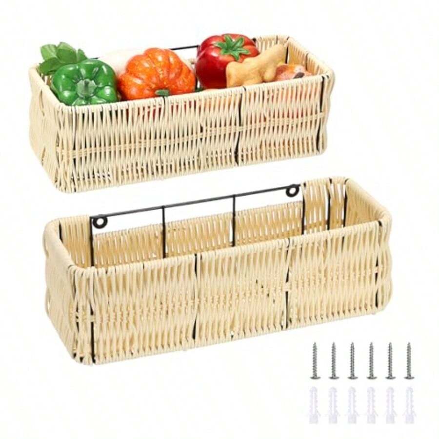 OwnMy - Juego de 2 cestas colgantes de plástico de mimbre para colgar en la cocina cestas colgantes de frutas y verduras para mostrador de cocina organizador de papel de depósito de inodoro para - Beis - Ver 1