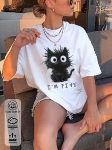 Oversized Women's T-Shirt, Black Cat "I'm Fine" Theme White Short Sleeve T-Shirt, Spring/Summer New Women's Sportswear, Fashionable Soft Breathable Women's Short Sleeve Top - White - View 1