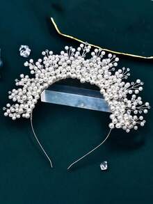 1pc Elegant Faux Pearl Bridal Crown Headband, Suitable For Wedding, Party, Easter - White - View 4
