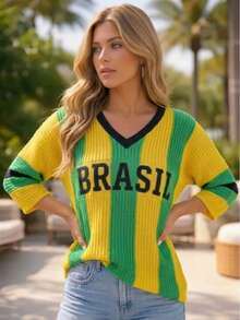 Green And Yellow V-Neck Knit Blouse - Brazil Launch - 2026 World Cup - 綠色 - 查看 4