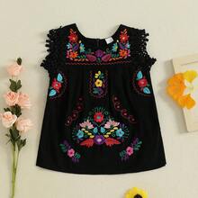Toddler Baby Infant Girls Summer Cotton Linen Boho Dress Floral Embroidery Square Neck Lace Ruffle Fly Sleeve Sleeveless Summer Beach Sundress Vacation Bohemian Dress A-Line Dress - 黑色 - 查看 3