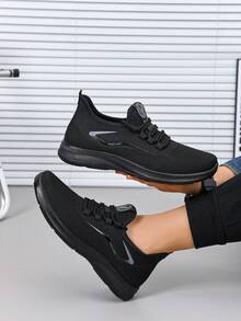 Men's Spring/Summer Slip-On Fashion Tennis Sports Shoes, Lace-Up/Stylish Letter/Breathable/Convenient & Comfortable, Versatile Outdoor - Black - View 1