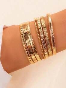7pcs Exaggerated Personalized Hammered Hexagram & Cable Open Bangle Bracelet Set - 金子 - 查看 3