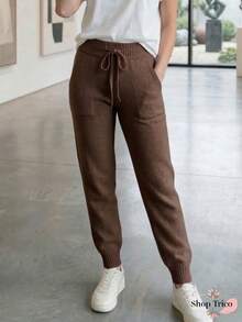 Women's Knit Pants With Ribbed Hem, Tie Waistband With Elastic, Knit Fabric, Autumn/Winter Fashion - 鏽棕色 - View 1