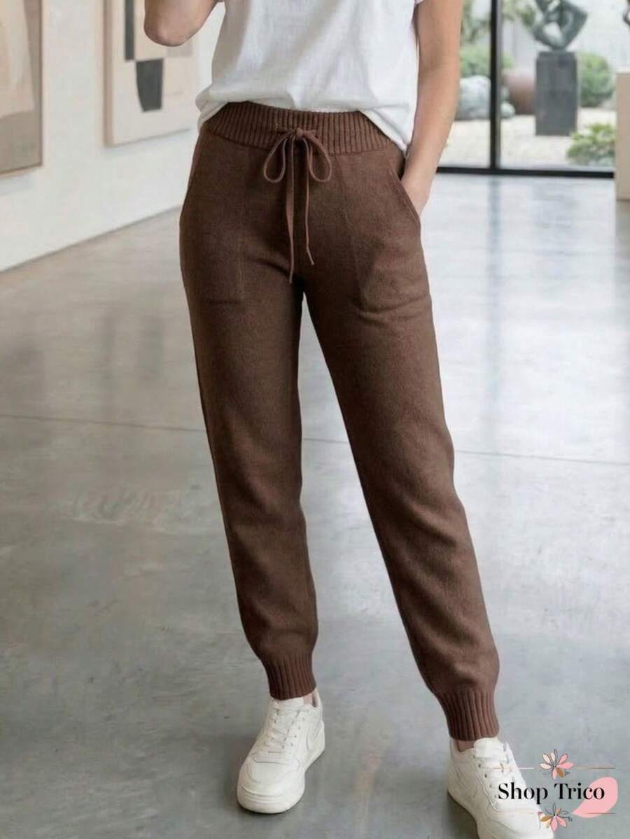 Women's Knit Pants With Ribbed Hem, Tie Waistband With Elastic, Knit Fabric, Autumn/Winter Fashion - 鏽棕色 - View 1