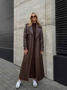 Dam vår-/höstjacka i PU, trendig lätt vindjacka med justerbart midjebälte - mångsidig pendlarjacka - Kaffebrun - Visa 11