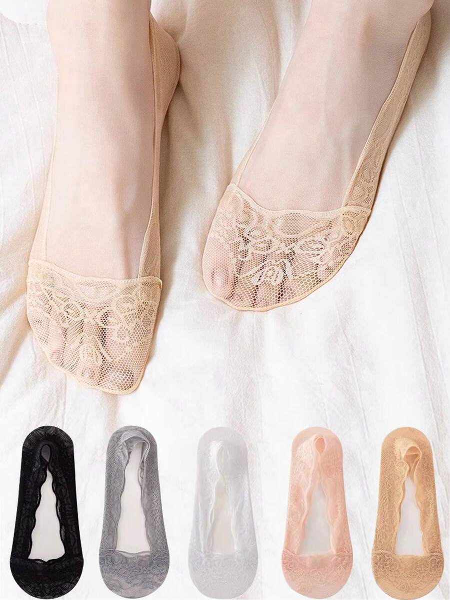 1/5/10 双装时尚女士夏季蕾丝防滑隐形短袜 - 彩色 - 查看 1