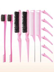 12件套女孩美发梳套装，尼龙材质，三排沙龙级蓬松梳，双面光滑梳理梳，带鸭嘴夹的尖尾梳，专为女孩设计 - 彩色 - 查看 1