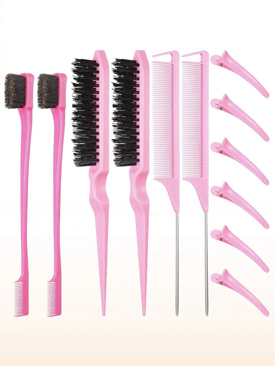 12件套女孩美发梳套装，尼龙材质，三排沙龙级蓬松梳，双面光滑梳理梳，带鸭嘴夹的尖尾梳，专为女孩设计 - 彩色 - 查看 1