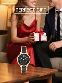 Anne Klein Đồng hồ nữ thạch anh, đồng hồ dây đeo bằng nhựa, đồng hồ gốm mặt số khảm xà cừ kiểu dáng thường ngày. - Đen và vàng - Xem 10