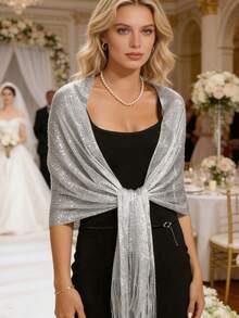 1件 50*164厘米 女士镂空流苏披肩，柔软轻盈，流苏装饰，适合派对、晚宴、旅行、办公、婚礼等场合，大码可选 - 銀色 - 查看 13