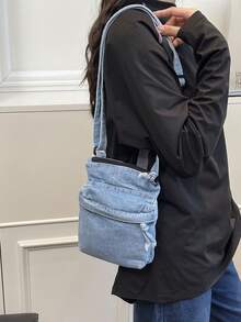 Borsa da telefono casual in denim con design a cerniera, adatta per uscite quotidiane, pendolarismo per lavoro, può essere indossata come borsa a spalla o a tracolla - Multicolore - Visualizzare 5