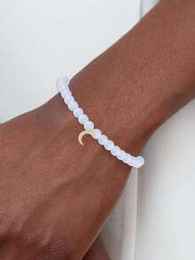 FOREVER QUEEN 1pc 925 Sterling Silver Aquamarine Agate Handmade Beaded Moon, Star, Clover Bracelet For Women & Girls - Aquamarine - View 9