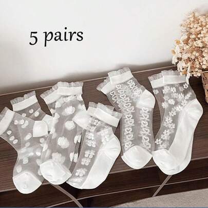 5 đôi tất trẻ em siêu mỏng, viền ren, thoáng khí, phù hợp cho bé gái từ 2-16 tuổi, lý tưởng để mặc hàng ngày vào mùa hè.