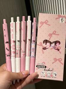 Bộ 12/6 bút bi mực đen, nhanh khô, hình nơ và dấu chấm hỏi màu hồng, bút bi bấm nút màu hồng nữ tính, thích hợp làm đồ dùng học tập và bút in hình hoạt hình cho học sinh năm học mới. - Bộ - Xem 4