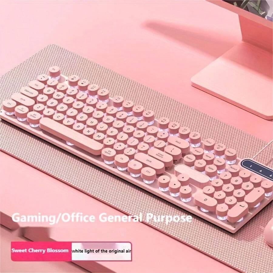 Cute Pink Retro Round Keycap Wired Keyboard, Backlit Gaming Office Keyboard For PC Laptop /Windows - 查看 1