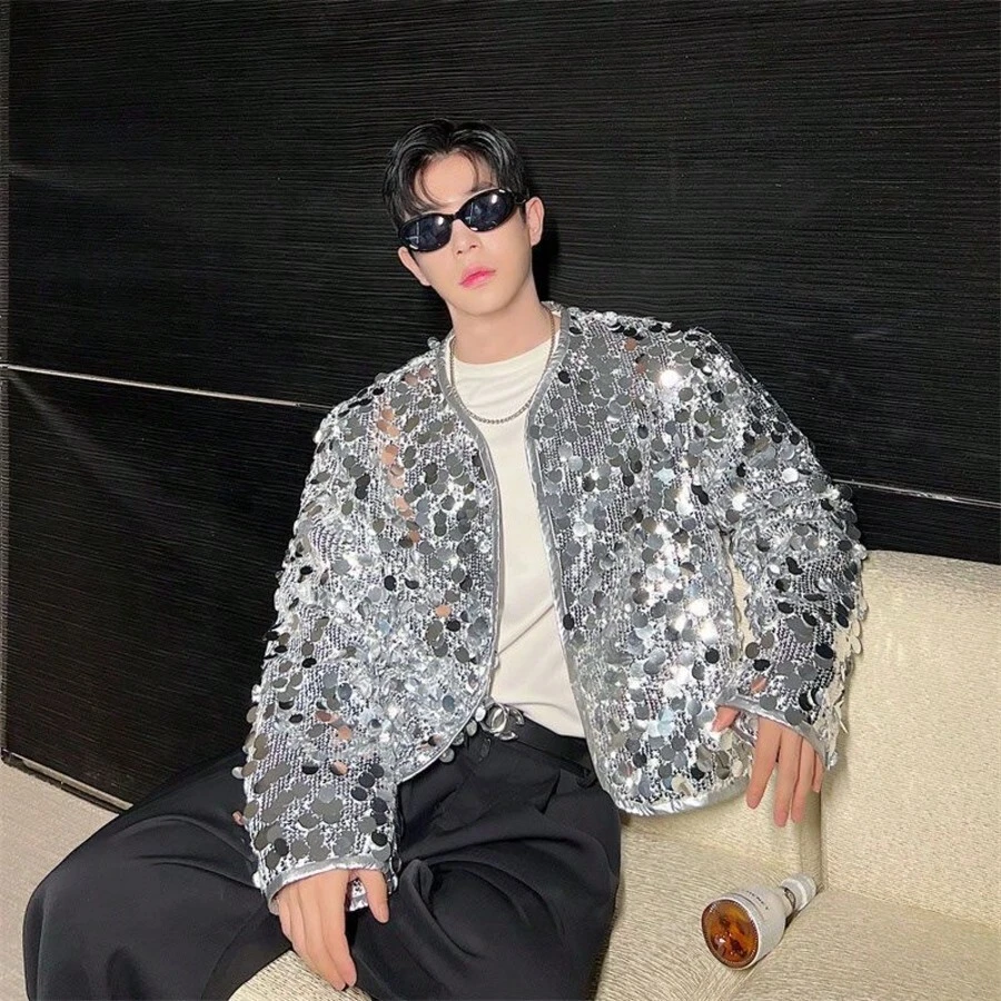Chaqueta de lentejuelas plateadas avanzada para hombres con un diseño exclusivo, chaqueta corta de actuación que rebota y brilla - Plateado - Ver 1