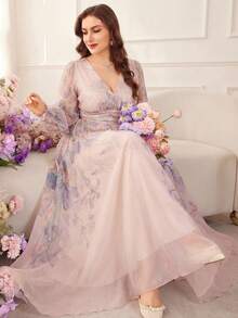 Plus Size Women Shirred, Cuff Drawstring, Random Floral Print Elegant Maxi Dress Vacation Spring - Apricot - View 3