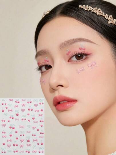 1个甜美可爱的樱桃蝴蝶结3D立体脸贴，少女眼影装饰，粉色樱桃蝴蝶结立体贴纸，舞台妆，自拍配饰，提升氛围的脸部装饰贴纸
