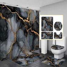 Open -1pc/4pcs Marble Pattern Shower Curtain Set, Shower Curtain Or Toilet Mat Bathroom Mat 4pcs Set, Bathroom Supplies Waterproof Shower Curtain Set With 12 Shower Curtain Hooks, Gift For Family And Friends - A - View 3