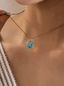 1 pieza Collar con colgante de esmalte azul con tema oceánico para mujeres - 12 estilos de encantos de playa (árbol de palma, caballito de mar, estrella de mar, tortuga) - Joyería de moda minimalista de verano para uso diario y vacaciones - Multicolor - Ver 13
