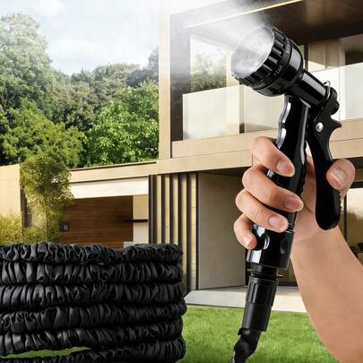 Bộ 1 ống tưới vườn mềm dẻo màu đen, có thể co giãn, kèm vòi phun áp lực cao điều chỉnh được 7 trong 1, thích hợp tưới cây, tưới cỏ, tắm thú cưng, rửa xe, sử dụng được quanh năm, dụng cụ phun tưới vườn, ống dẫn nước, sân và hiên nhà.