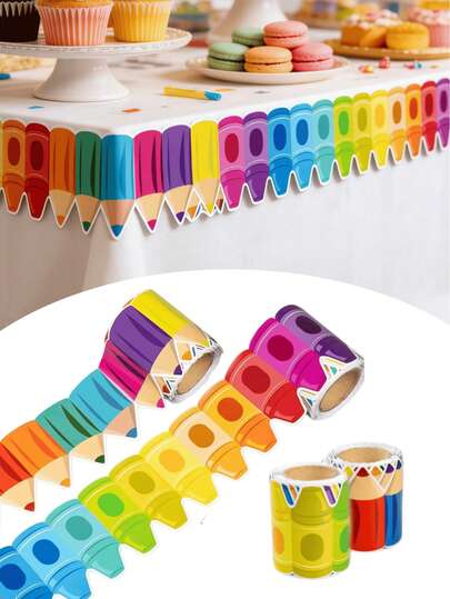 2 piezas de pegatinas de lápices de colores y crayones, pegatinas de diario DIY, bordes de tablón de anuncios, bordes decorativos recortados de tiza de colores con borde enrollado, adecuados para escuelas, aulas y oficinas; bordes decorativos recortados de papel picado de colores con borde enrollado, pegatinas de borde de pizarra con borde enrollado y pegatinas de borde de papel picado de colores, también adecuadas para la decoración del aula y la decoración de vuelta al colegio.