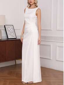 优雅无袖修身长款连衣裙，女士时尚露肩面料，休闲正式礼服，带拉链细节 白色 - 白色 - 查看 4