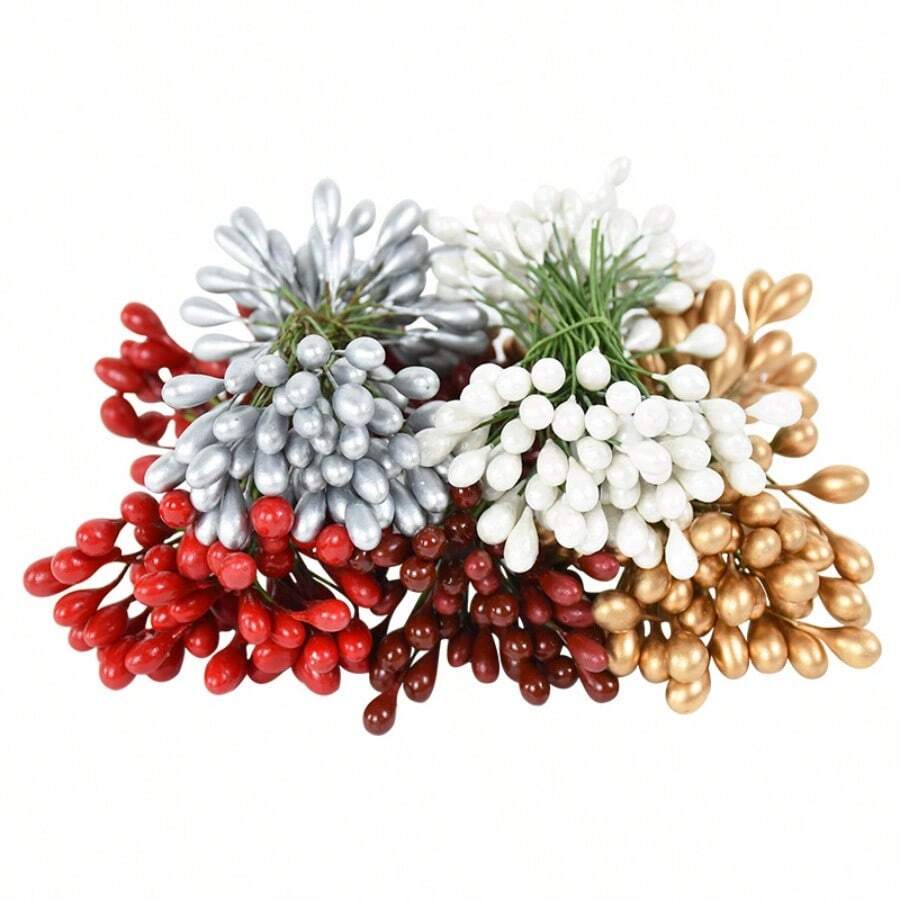 100 piezas de Estambres de flores mini de doble cabeza en color dorado/rojo/plateado/blanco para decoración de boda, manualidades, scrapbooking, regalos de Navidad