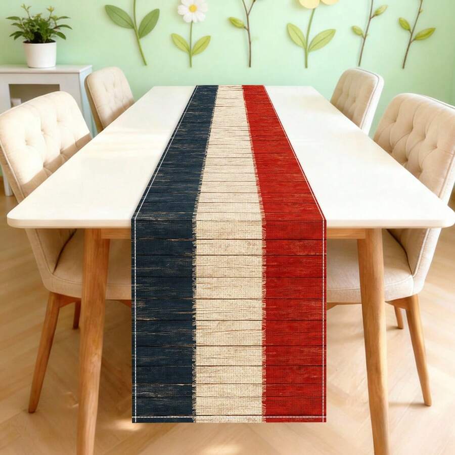 1pc Independence Day Themed Vintage Red, Blue & White Woodgrain Pattern Polyester Rectangular Table Runner, Single-Sided Printing, Suitable For Home, Kitchen, Dining Room Indoor/Outdoor Decor, Great For Holiday Parties And Celebrations - Multicolor - View 1