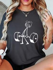 Funny Stick Figure Deadlift Graphic Cotton Tee Women Gym Workout Crew Neck Short Sleeve Loose Fit Black Humorous Fitness Casual Daily Top - 深灰色 - 查看 1