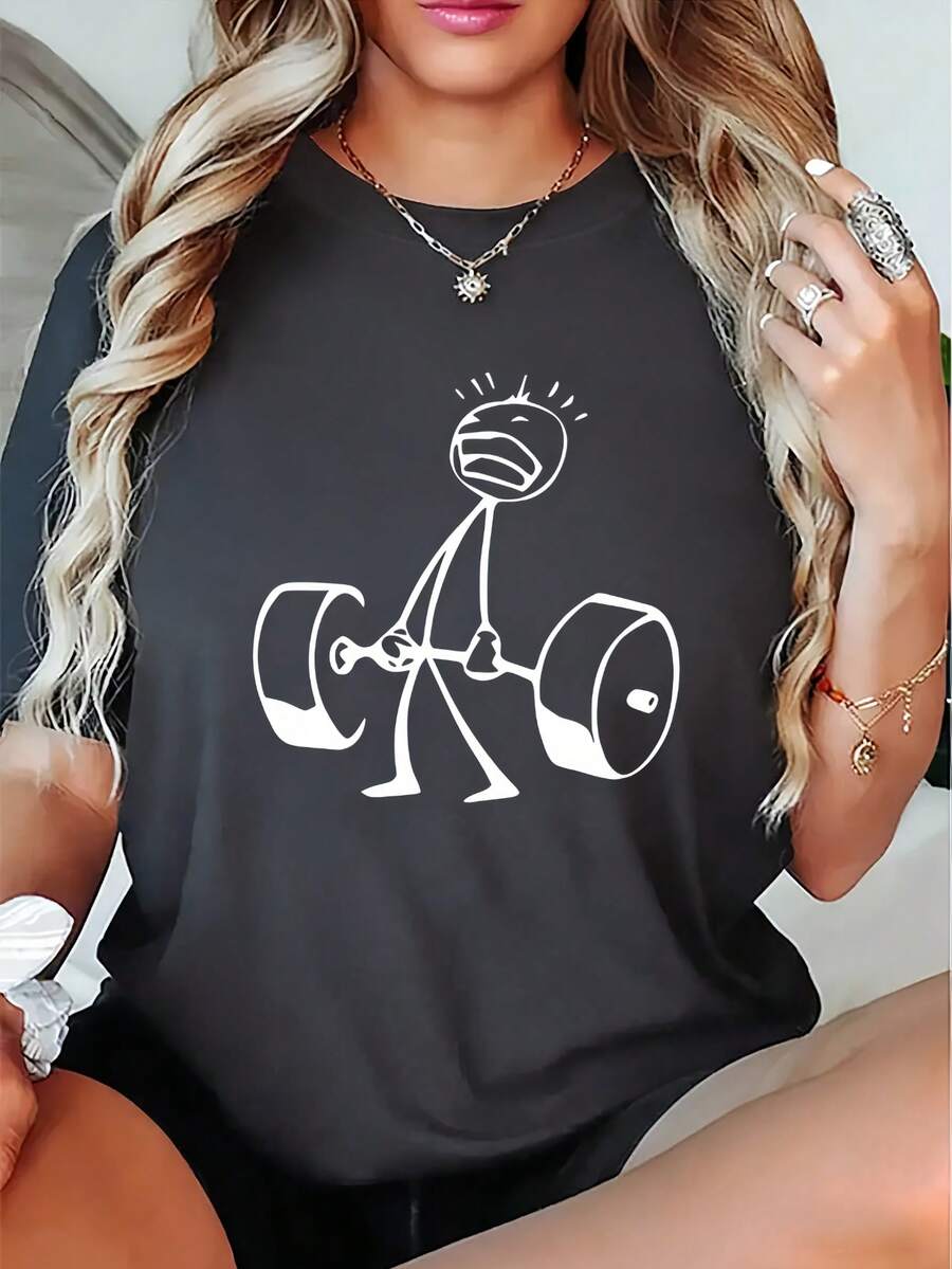 Funny Stick Figure Deadlift Graphic Cotton Tee Women Gym Workout Crew Neck Short Sleeve Loose Fit Black Humorous Fitness Casual Daily Top - 深灰色 - 查看 1